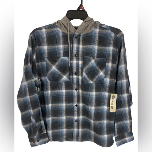 No Boundaries Hooded Flannel Shirt Blue Plaid Oversized Cotton Mens Small NWT - Picture 6 of 10